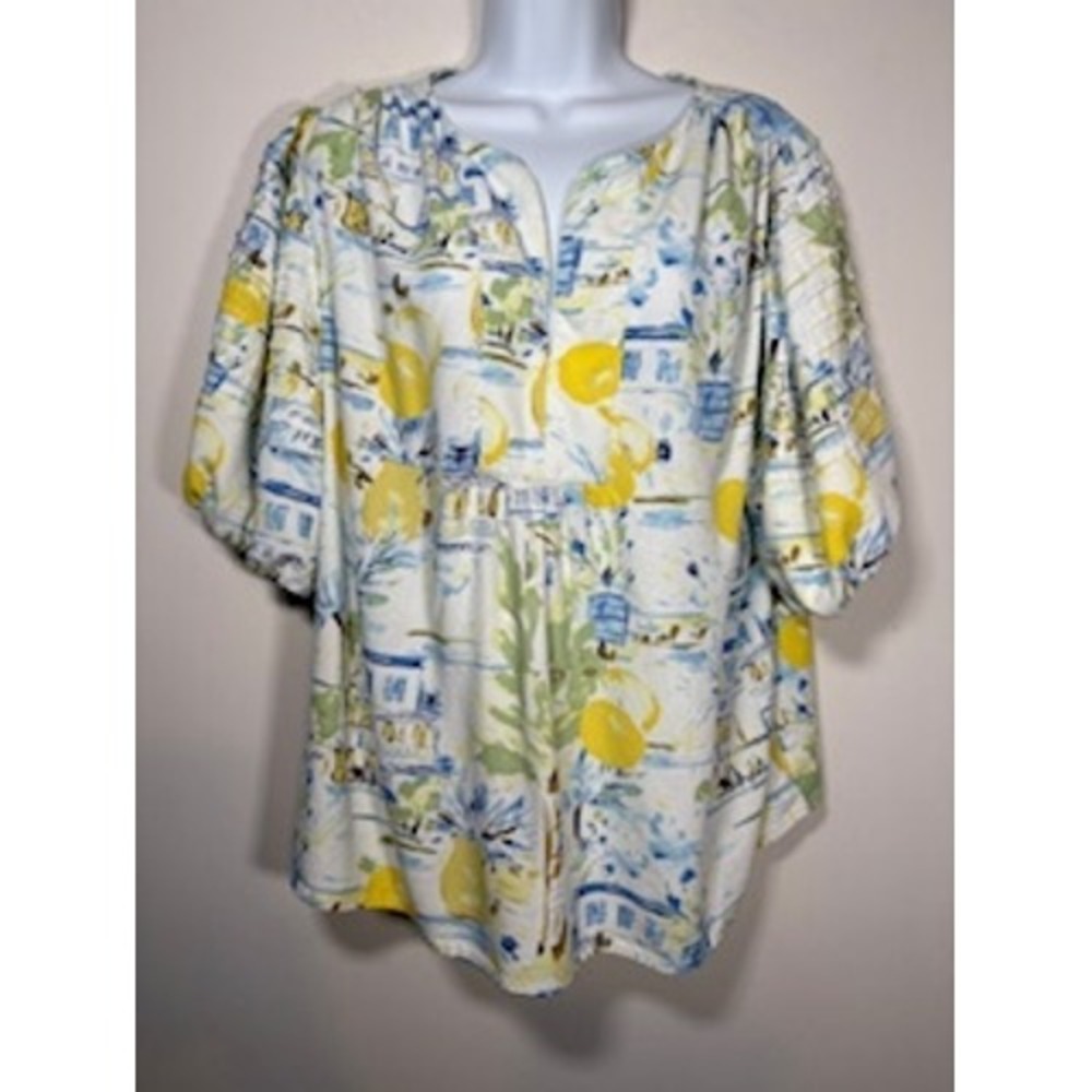 SUGARLIPS‎ Amalfi Coast Kayri Print Linen Blend Blouse 2XL Puff Sleeve Boho Top